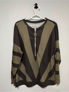 Olive & Black V-Stripe Zip Front Blouse